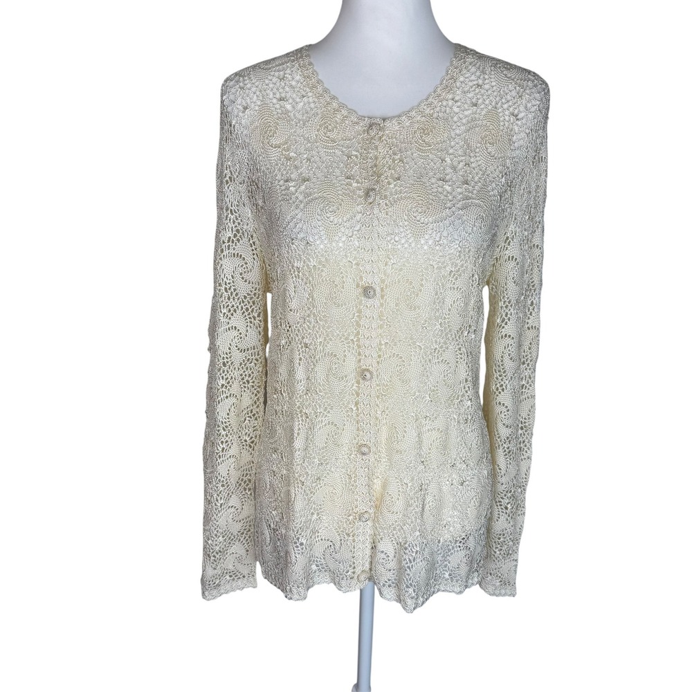 Cream Ivory‎ Crochet Lace Swirl Button Front Cardigan Long Sleeve Crew Neck Top